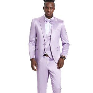 Men's One Button Vested Shiny Satin Sharkskin Prom & Wedding Lavender Party Suit